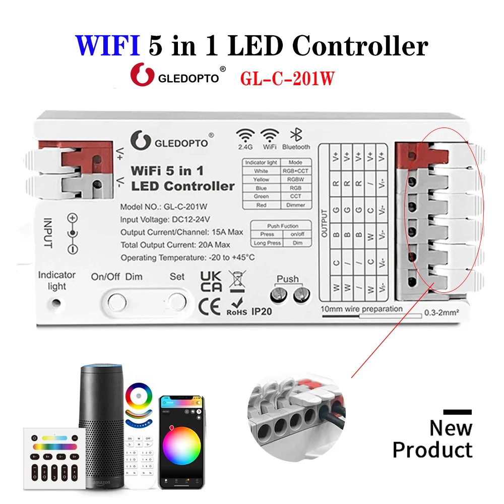 GLEDOPTO （TUYA+ WIFI） 5 in 1 LED Strip Controller Max 20A Support TUYA APP/2.4GHz Wireless WiFi/ Voice Control