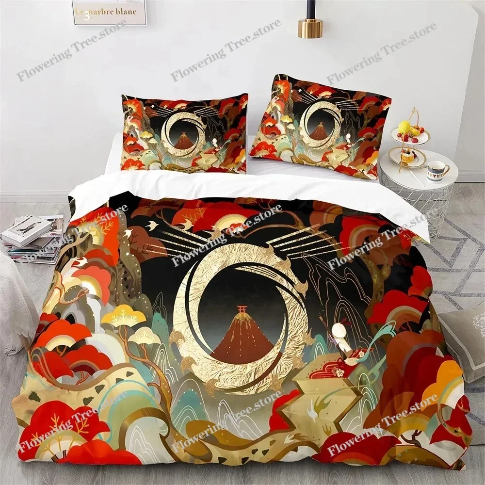 Japanese-Style Bedding Set Ukiyo-e Theme Comforter Cover Sea Wave Red Sun Pattern Decor Duvet Cover for Kids Teen King Full Size 3