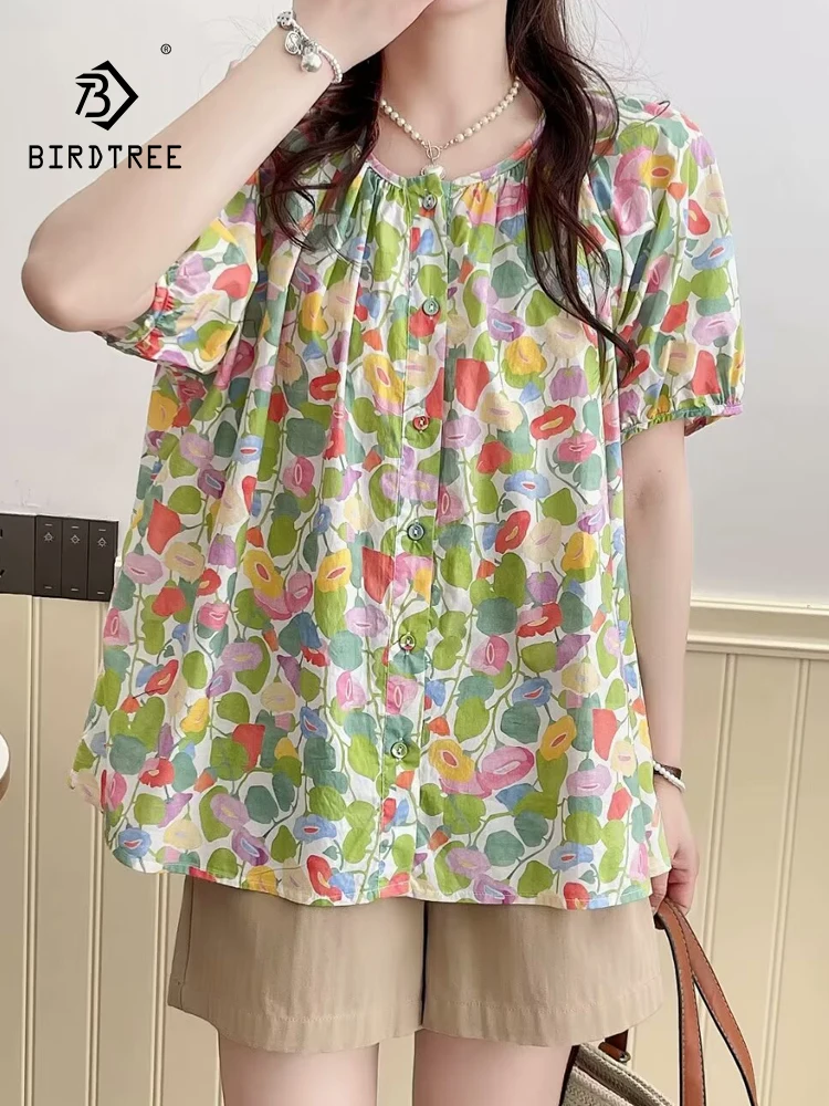 New Summer Cotton Casual Short Sleeve Shirt Women O Neck Printed Tops Girl Loose Fashion Sweet OL Blouses 2024 Autumn T45952QC