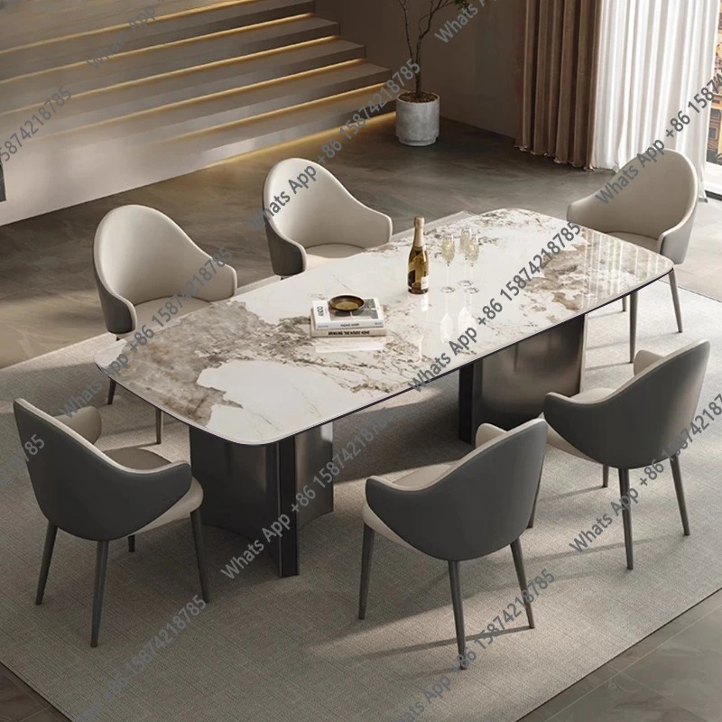 

Итальянский обеденный стол из каменной плиты прямоугольной формы в стиле лёгкой роскоши и комплект стульев для дома, для небольшой квартиры, светлый, современный, премиум-класса.