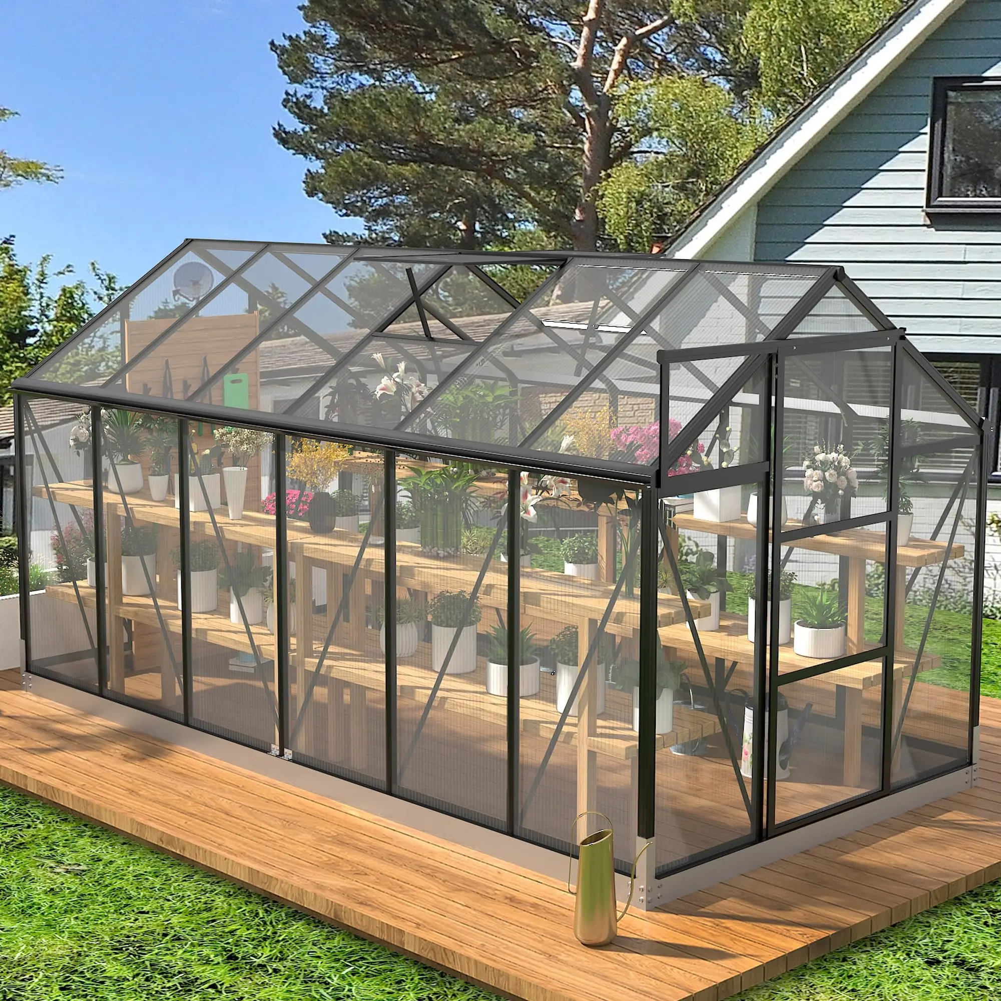 Polycarbonate Greenhouses 6x12 FT Green Houses for Outside with Adjustable Roof Vent Sliding Doors Walk-in Greenhouse for Garden