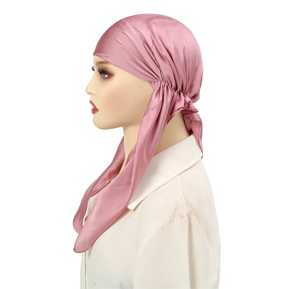 Hijabs muçulmanos de cetim brilhante para mulheres, lenço de cabeça monocromático, gorro de turbante, chapéu envoltório, lenço, bonés amarrados, strech, na moda