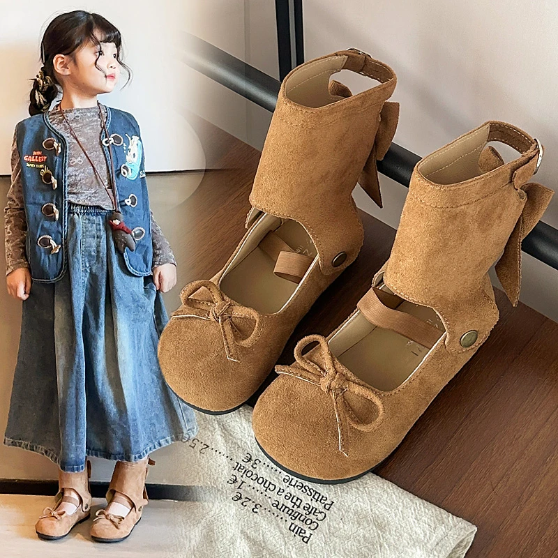 

Two-Way Wearable Ballet Flat Mid-Calf Boot for Girls Detachable Butterfly Knot Children's Boot Rubber Outsole Casual Style