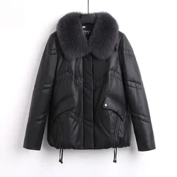 PU Leather Down Cotton-Padded Jacket Women Overcoat Winter New Imitation Fox Fur Collar Thick Warm Parker Coat Loose Short Coat