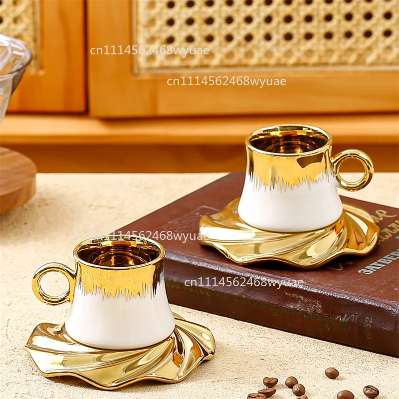 Arabic Porcelain Espresso 90ml Gild Cup and Saucer 6pcs Turkish Cappuccino Latte Tea Ceramic Coffee Cup Set with Gift Box