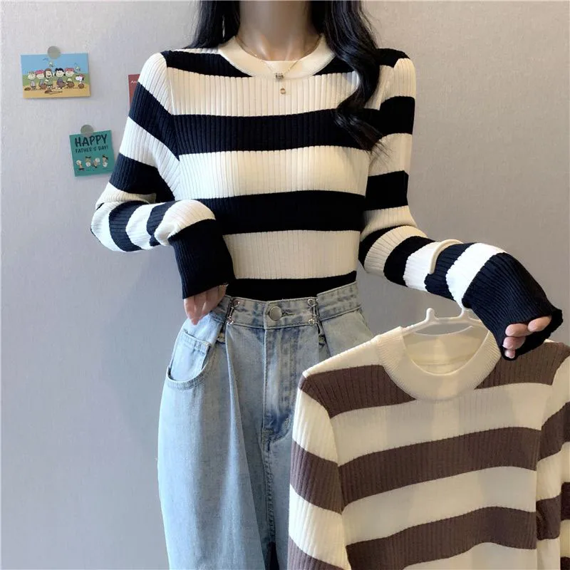 2024 Autumn New Striped Knit Sweaters Woman Korean Slin Fit Long Sleeve Ribbed Pullover Women Contrast Color Chic O-Neck Jumpers