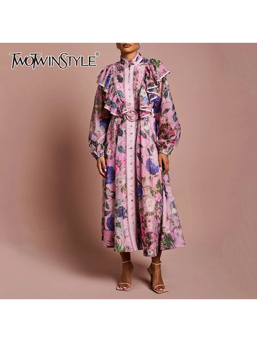 

TWOTWINSTYLE Printing Spliced Ruffles Fashion Dresses for Women Stand Neck Long Sleeves Patchwork Belt Casual Dress Female New