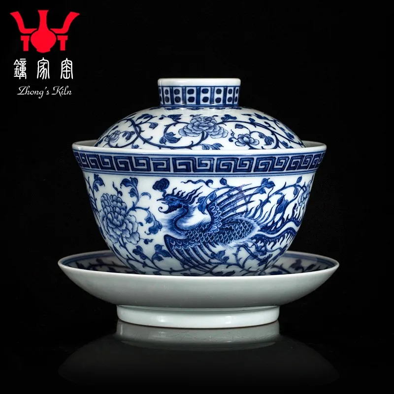 Zhongjia Kiln Tureen Ceramic Jingdezhen Pure Hand Drawing Blue and White Flower Prosperity Brought by the Dragon and the Phoenix