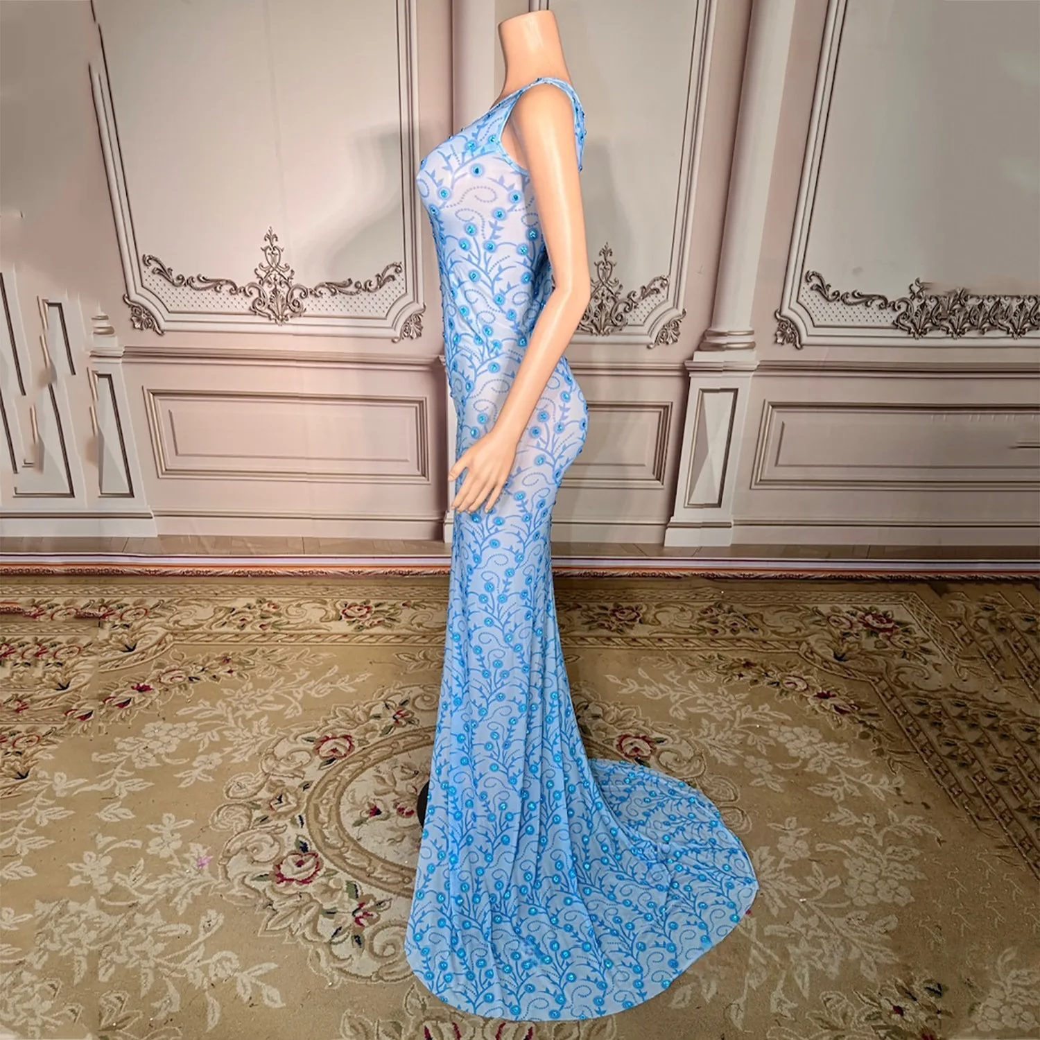 Women luxury Evening Party Prom Gowns Sky Blue Sleeveless Open Leg Printed Diamonds Mesh Long Dress Birthday Celebrity One Piece