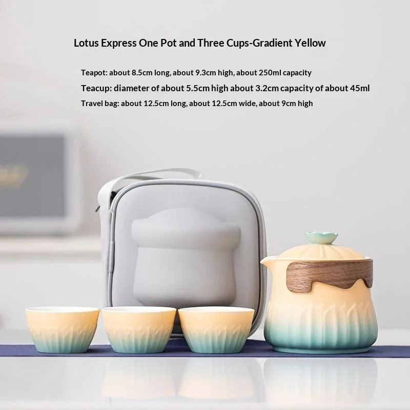 Outdoor portable tea set teapot quick-service cup, lotus-style travel teaware anti-scald handle, one kettle with three cups