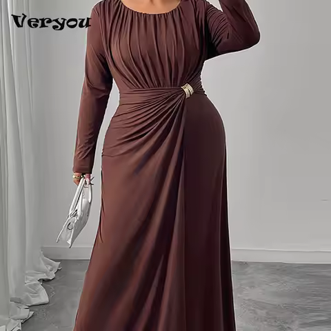 Plus Size Dress Women Casual O Neck A-Line Long Dresses For Women Fashion Long Sleeve Party Dresses For Women Evening Dress