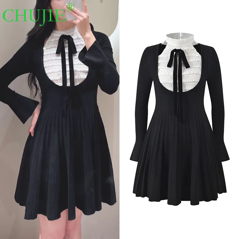 

CHUJIE 2025 Autumn Winter New French Style Socialite Chic Off-Shoulder Color-Block Slim Fit Knitted Dress