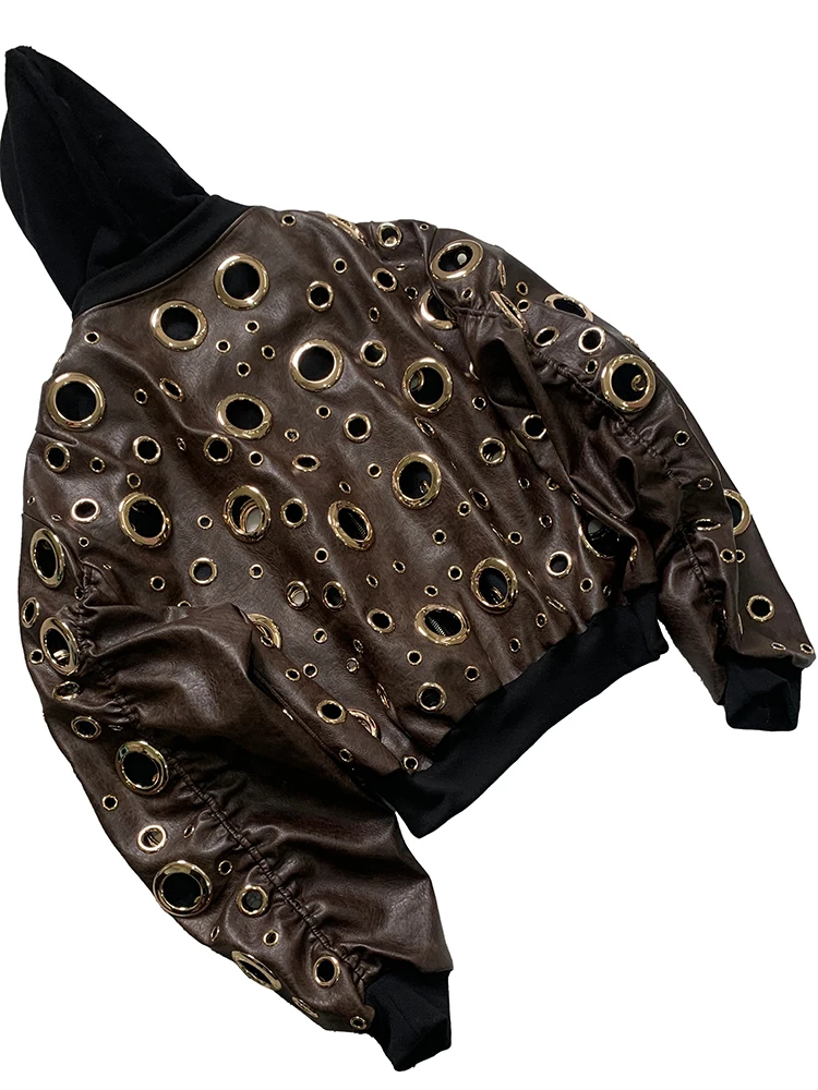 Nerazzurri Autumn Oversized Hollow Out Gold Pu Leather Jacket Men with Hood Hole Luxury Fake 2 Pieces Emo Menswear Clothing 2025