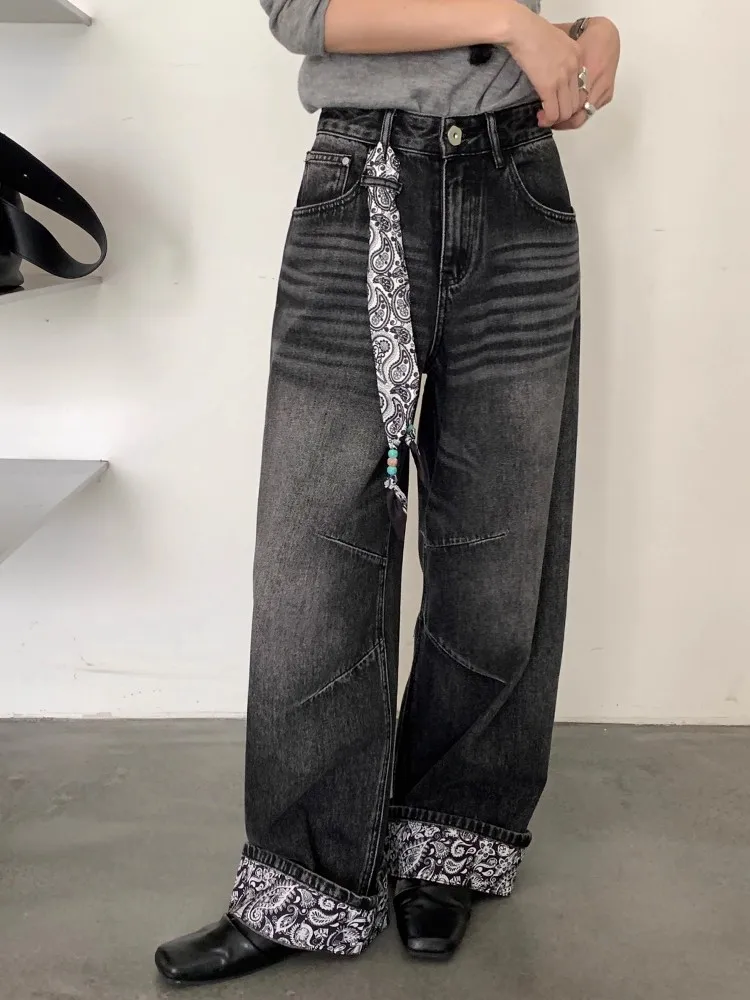 Y2K – jean à couteau incurvé épissé avec fleurs de cajou pour femme, jean amincissant, délavé, jambes droites, automne