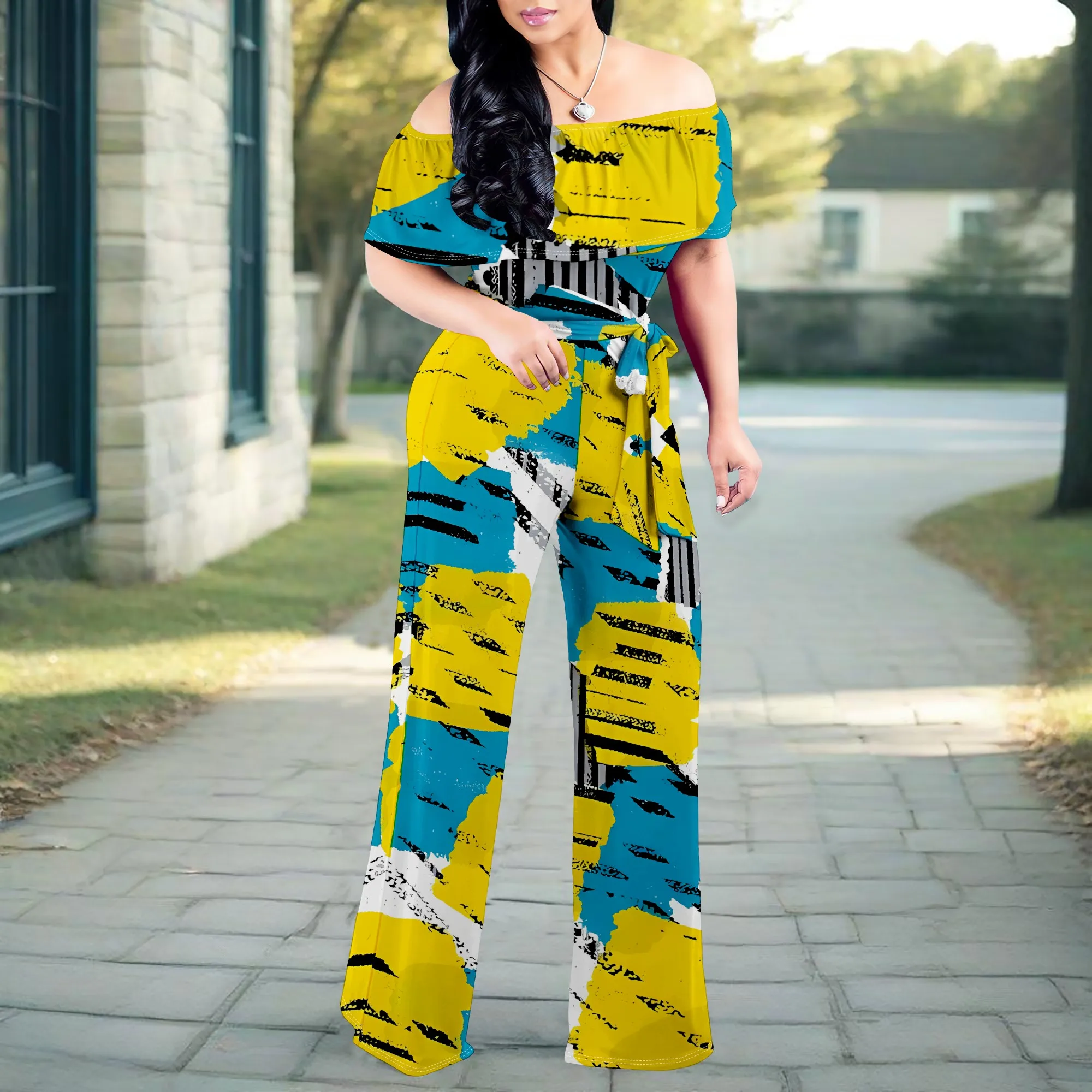 Women Off Shoulder Jumpsuit Yellow Blue Brushstroke Print Wide Leg Romper Summer Streetwear