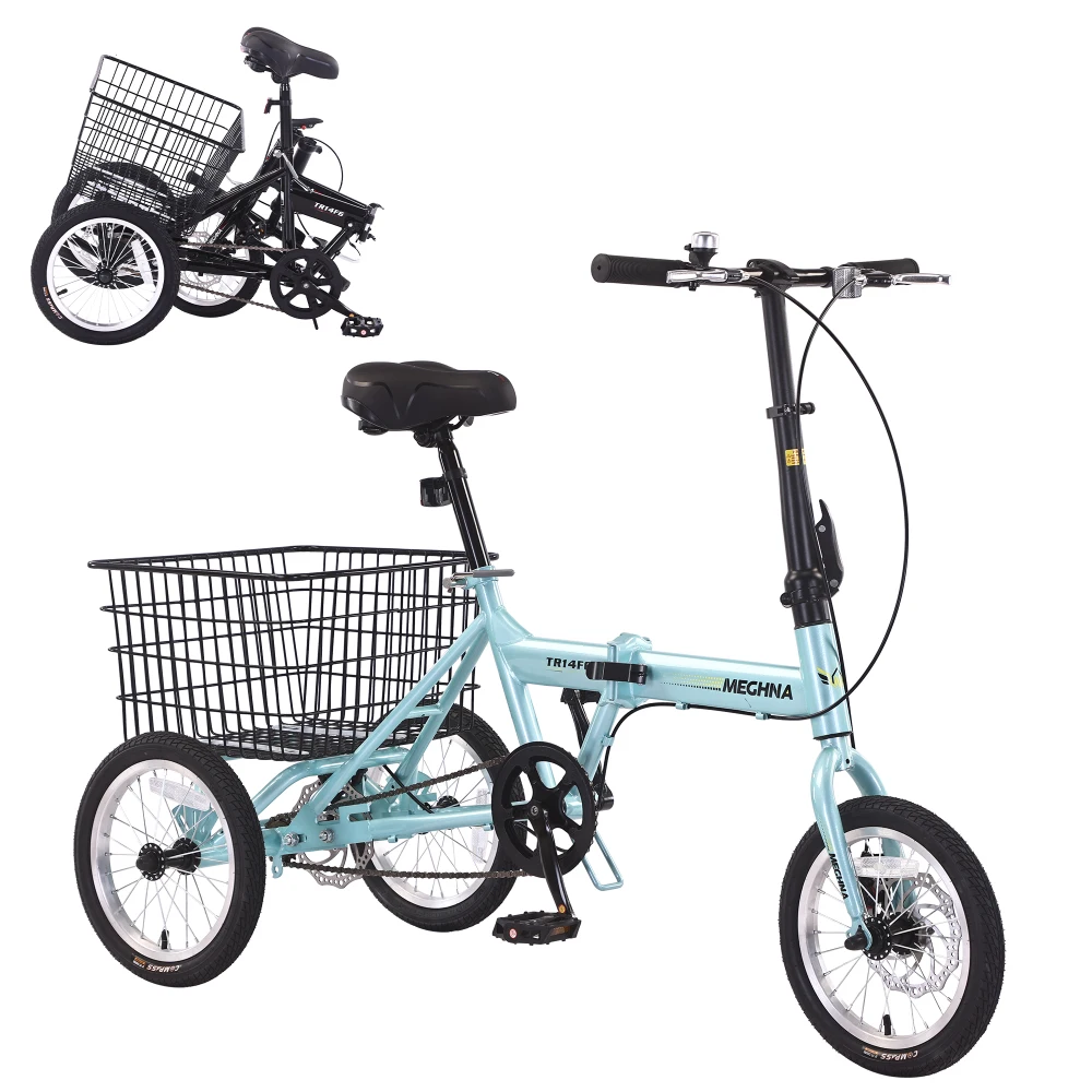 

Folding Tricycle for Adults, 14 Inch 3 Wheel Bikes with Basket, 95% Pre-Assembled Collapsible Steel Frame 200 LBS Capacity