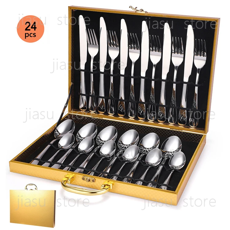 

Luxury Mirror Polished Stainless Steel Cutlery Set 24Pcs Silver Gold Flatware Knife Fork Spoon Dinnerware