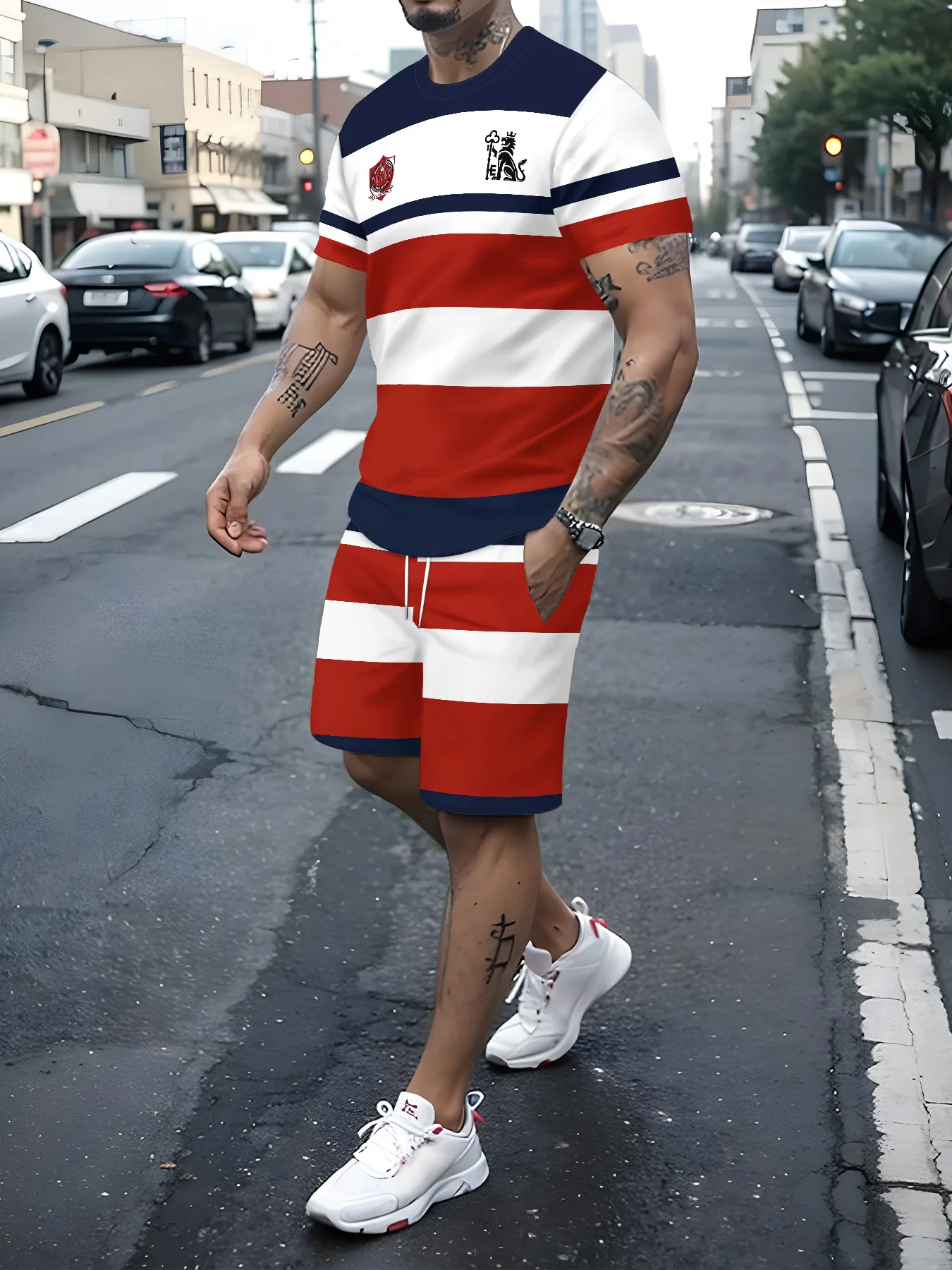 

The 2025 summer new men's suit 3D printed knitted suit is comfortable and soft polyester men's wear