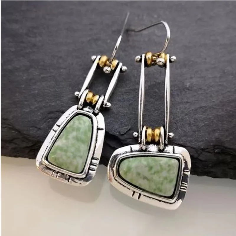 KSRA Retro Turquoise Jade Asymmetric Bag Shape Exquisite Earrings For Women Fashion Creativity Personal Party Jewelry