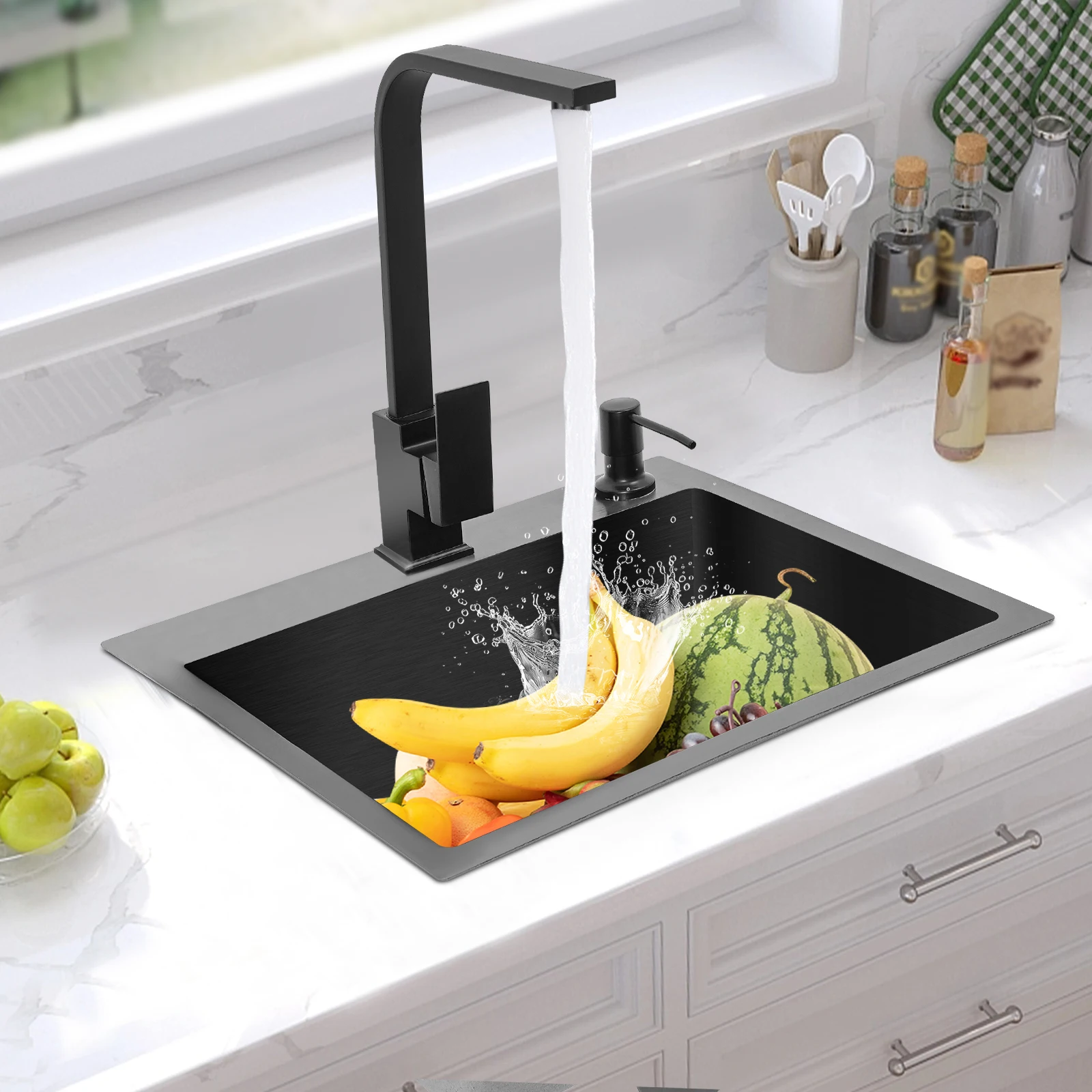 201 Stainless Steel Kitchen Sink - 40x45cm Modern Kitchen Single Sink Rectangular Sink Kit With Soap Dispenser Drainage Basket