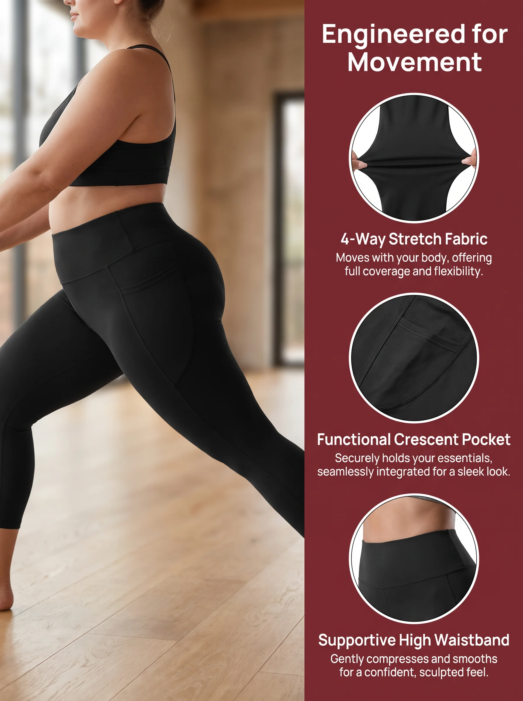 Übergrößen-Leggings mit Taschen für Damen - Bauchkontrolle Hochgeschnittene Weiche Workout-Yoga-Hosen – Detail 3