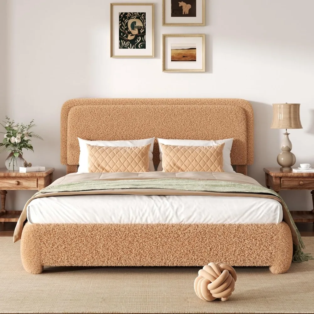 Queen Size Boucle Platform Bed Frame with 2-Levels Adjustable Headboard, Upholstered Cloud Bed, Anti-Collision Soft Rounded Corn