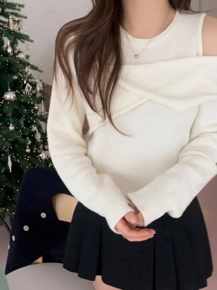 

Sweet oulder Bared Knitted Sweater Women's Loose Fit Comfortable Spring 2026 Faion Versatile Polyester Fiber Long Sve