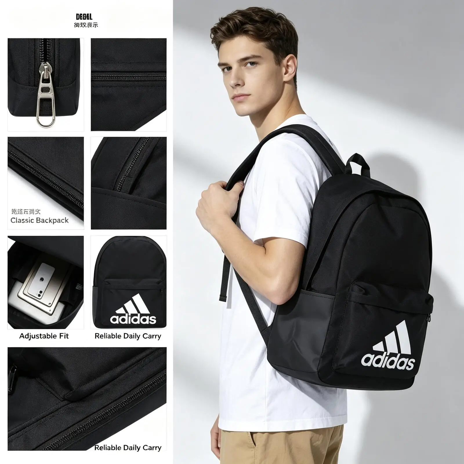 Adidas Originals Classic White Logo Casual Daypack Front Pocket Adjustable Shoulder Straps School Travel Daily Rucksack