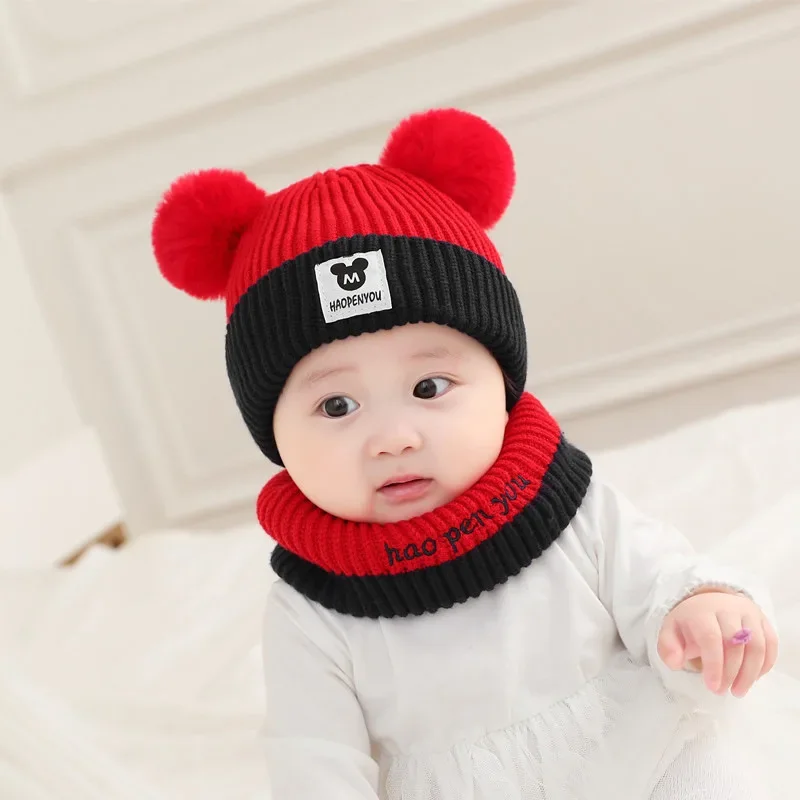 Winter Warm Baby Hat with Scarf Cute Bear Knitted Children Hat Cap Bonnet Infant Toddler Kids Hat Boys Girls Crochet Beanie 1-3Y