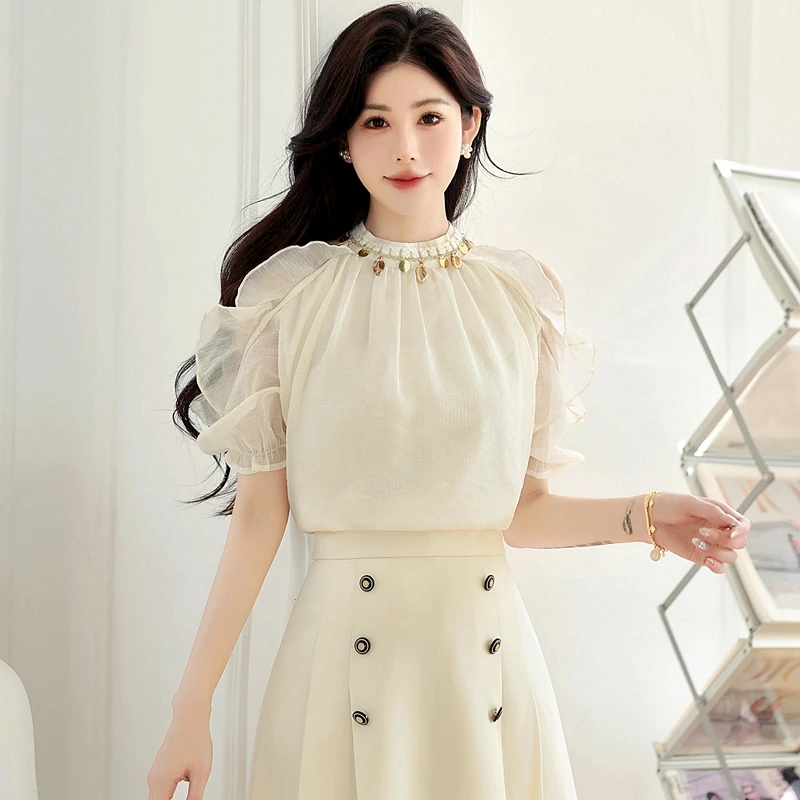 

Off Shoulder Chiffon Shirt for Women 2025 Summer Ruffled Shirt Womens Tops Korean Reviews Many Girls Clothes Halterneck Blouse