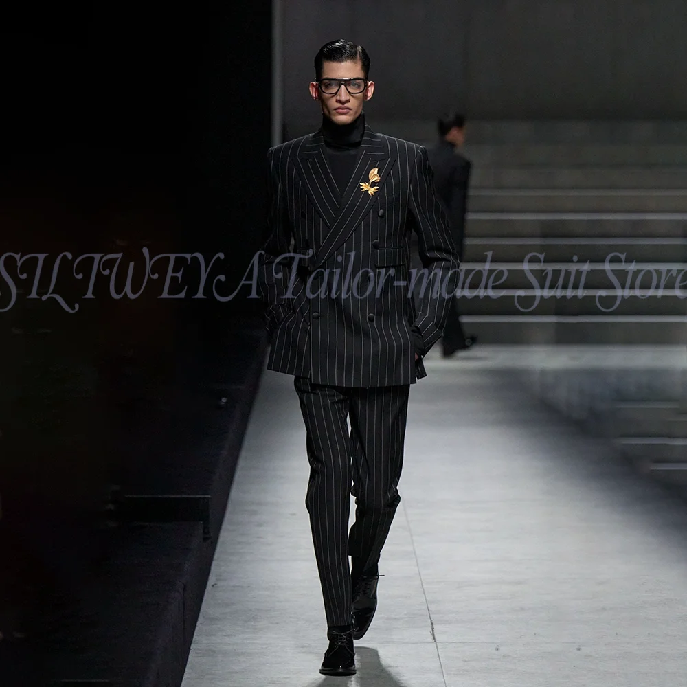 

Fashion Men's Suit Black Stripe Handsome 2 Pieces Jacket Pants Business Casual Formal Occasion Male Blazer Set Costumes Hommes