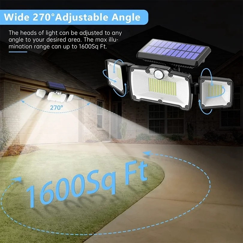 218 LED Solar Led Light Outdoor Waterproof Motion Sensor Wall Lamp Garden 3 Heads Garage Security Home Terrace Solar Lighting