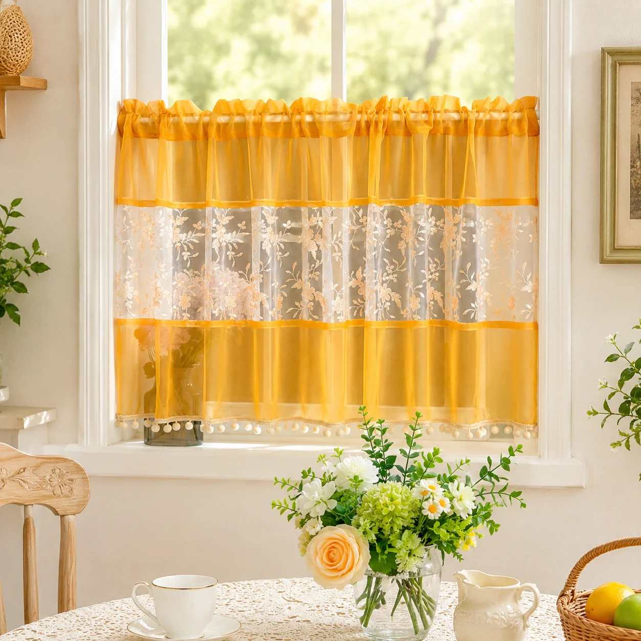 Embroidery Kitchen - ستارة شفافة بيضاء بزخارف برتقالية زهرية