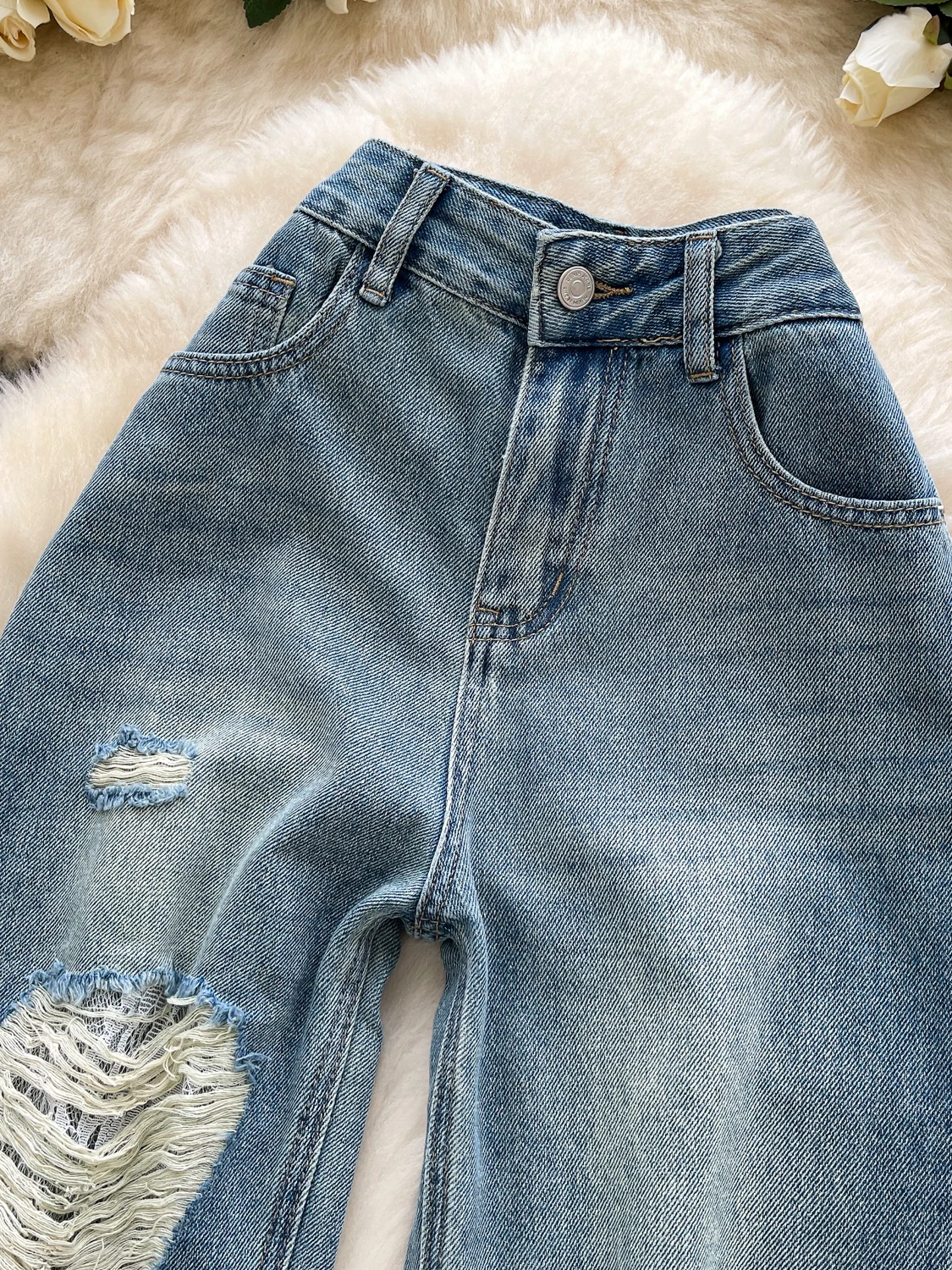 

Ретро Гонконгские широкие джинсы с высокой талией, женские модные потертые дырки, повседневные осенние универсальные джинсовые брюки