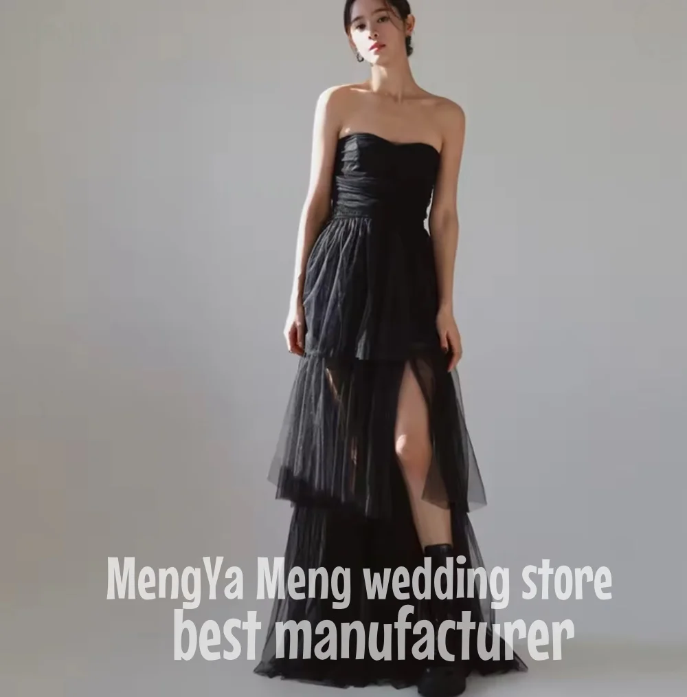 

ZHUISHU Simple Strapless Black Evening Dresses Korea Tiered Tulle Sweetheart Wedding Party Dress Photoshoot Customized Prom Gown