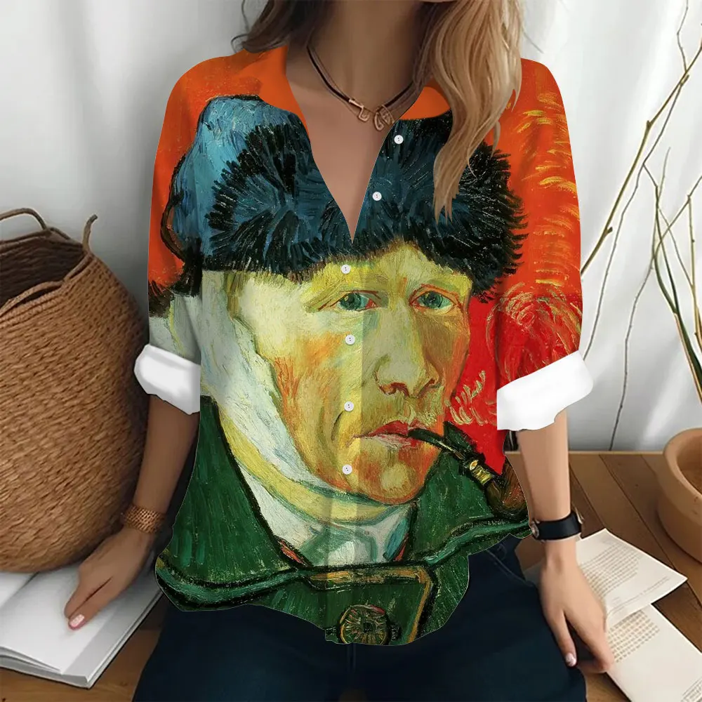 

Women's Trendy Shirt Van Gogh Oil Painting Printed T-shirt Loose Button Top Clothing Street Fashion Lapel Jacket Women's Shirt