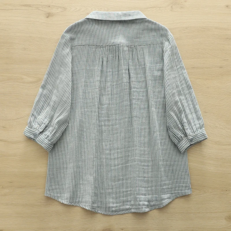 2025年夏新作 コットンヤーン ハーフスリーブシャツ レディース 襟付きストライプ柄 森ガール カジュアル 多機能 ゆったりブラウス T57384CC