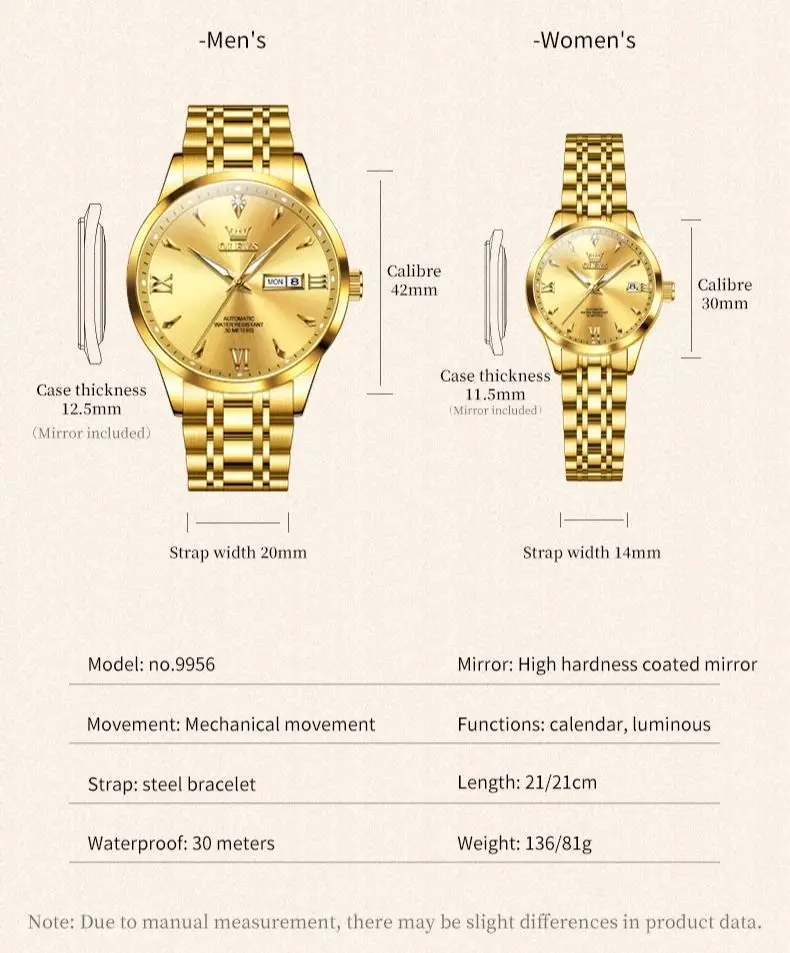 OLEVS 9956 Couple Watch for Men Women Ducal Calendar Diamond Roman Scale Luxury Business Lover's Automatic Mechanical Wristwatch