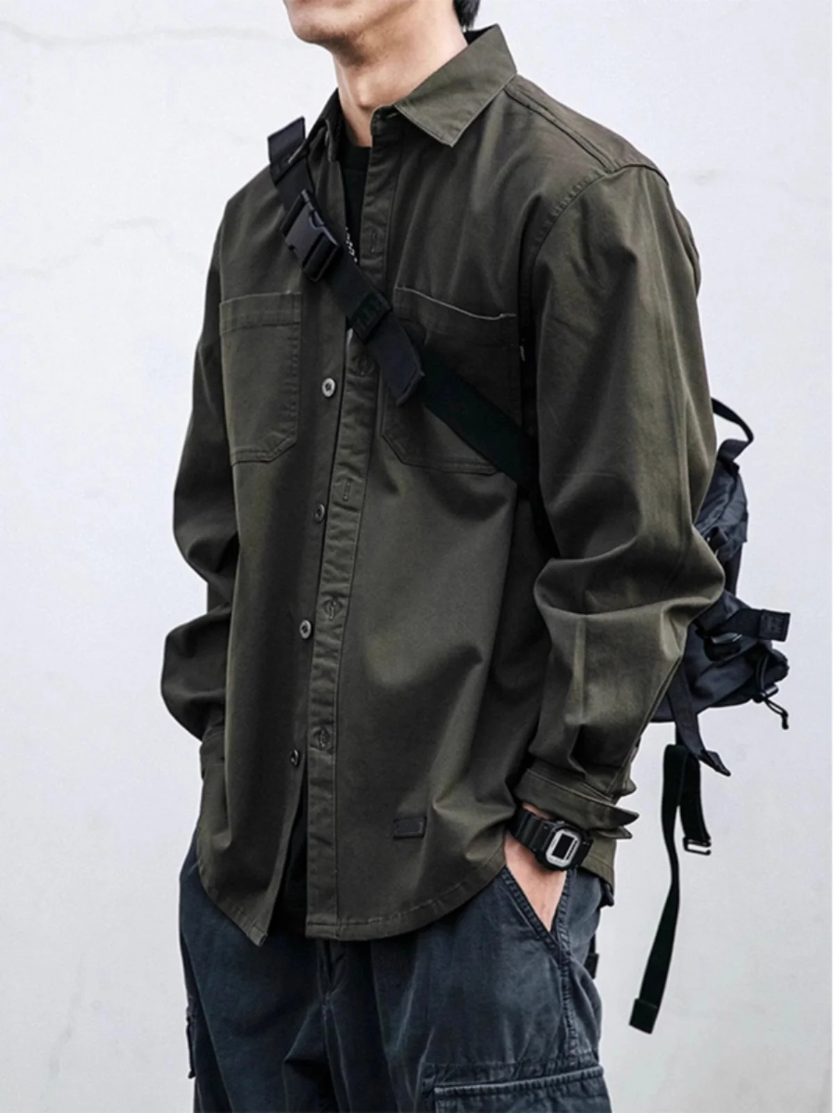 

Loose Fit Long Sleeve Men's Casual Shirt Vintage Japanese Style Multi Pocket Mountain System Spring Autumn Fashion Outerwear
