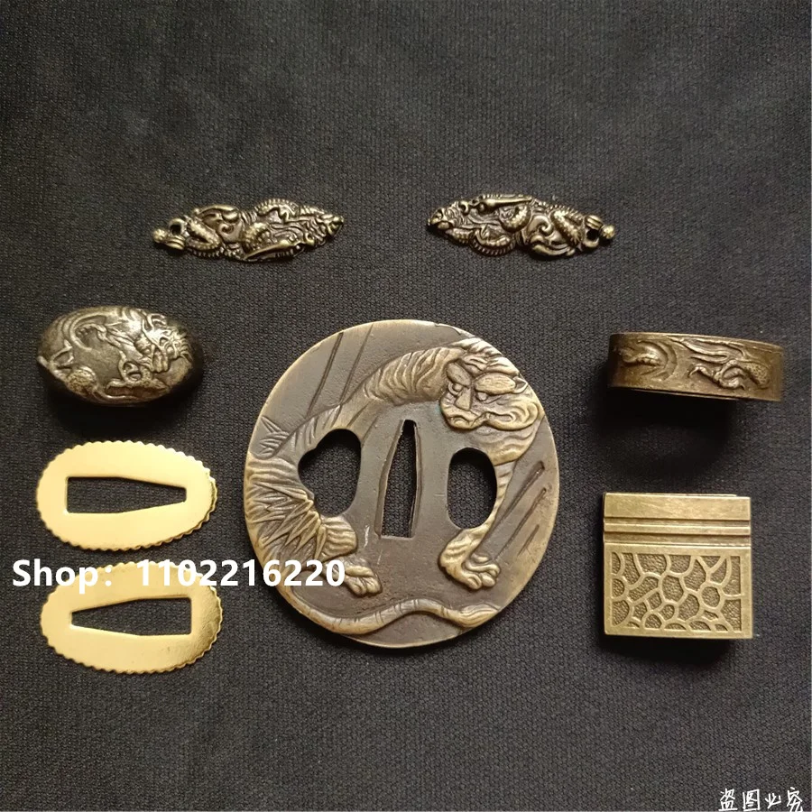 A Set Alloy Handguard Tsuba Guard Fuchi Kashira Menuki Habaki Seppa For Japanese Japan Samurai Katana Sword Fittings Tiger Theme