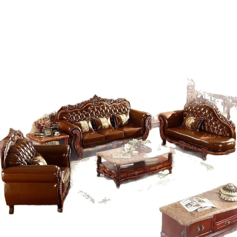 

Family European leather sofa combination high-end large and small apartment first floor cowhide living room American luxury thre