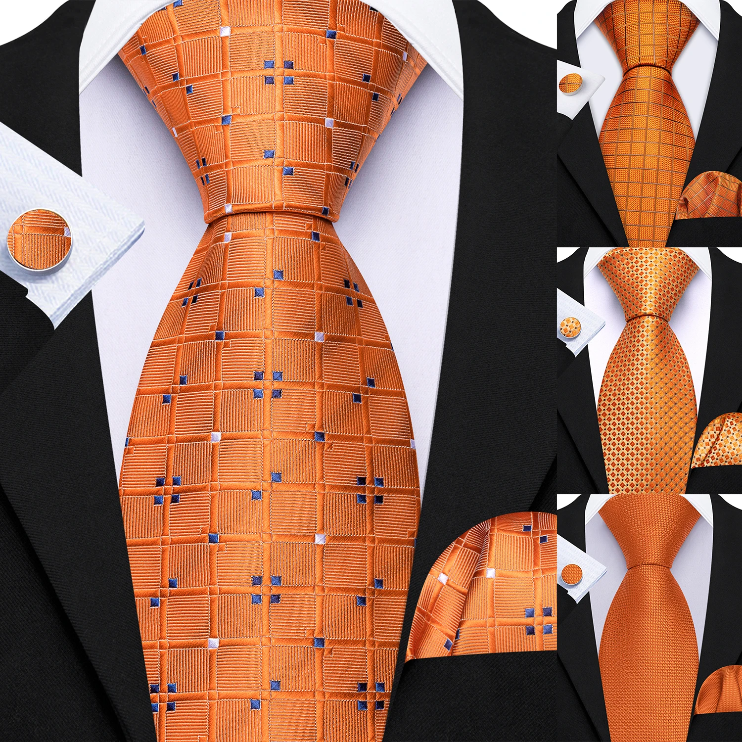 Men's Tie Set 3PCS Necktie Pocket Square Cufflinks Orange Plaid Check Formal Business Wedding Party Suit Accessories Jacquard