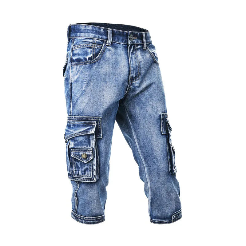 Calças cortadas jeans masculinas com vários bolsos, shorts soltos de perna reta, calças casuais lavadas e usadas