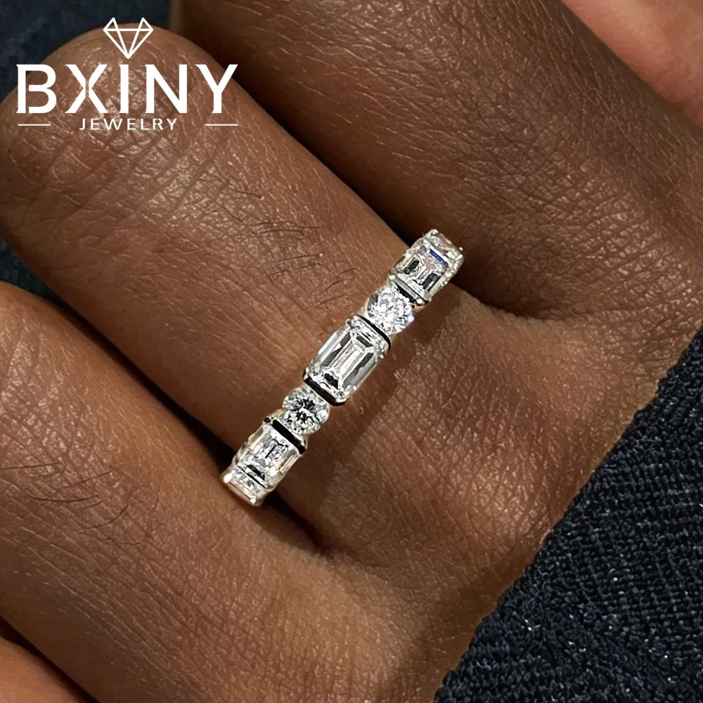 

BXINY Emerald&Round Cut Moissanite Eternity Ring 925 Silver for Women Bezel Set Diamond Wedding Band Gifts Fine Jewelry With GRA