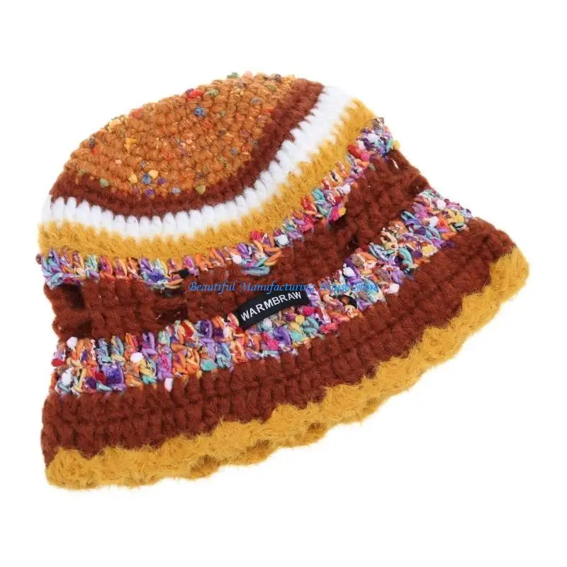

E56A Winter Fisherman Hat for Woman Weaving Bucket Hat Crochet Stripe Pattern Cap