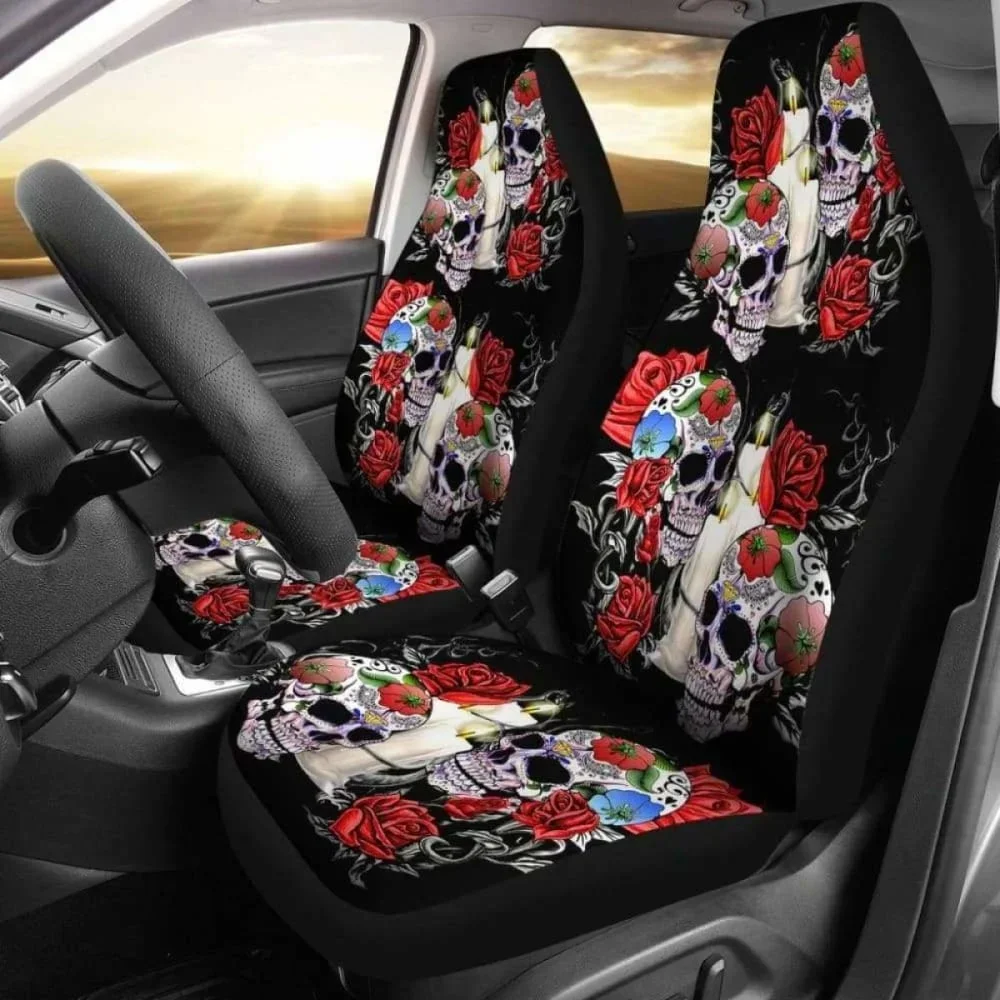 Set 2 Pcs Sugar Skull Car Seat Cover,Pack of 2 Universal Front Seat Protective Cover