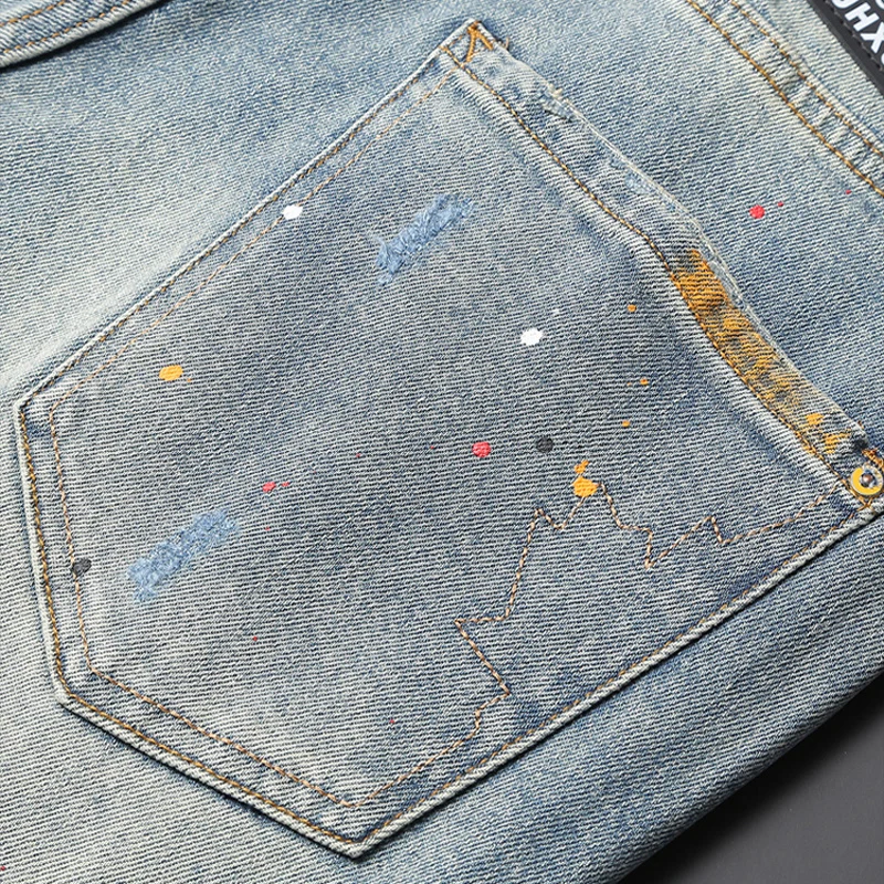 Summer Trends Fashion Designer Men Jeans Vintage Patched Elastic Ripped Short Jeans Retro Blue Painted Hip Hop Denim Shorts Men