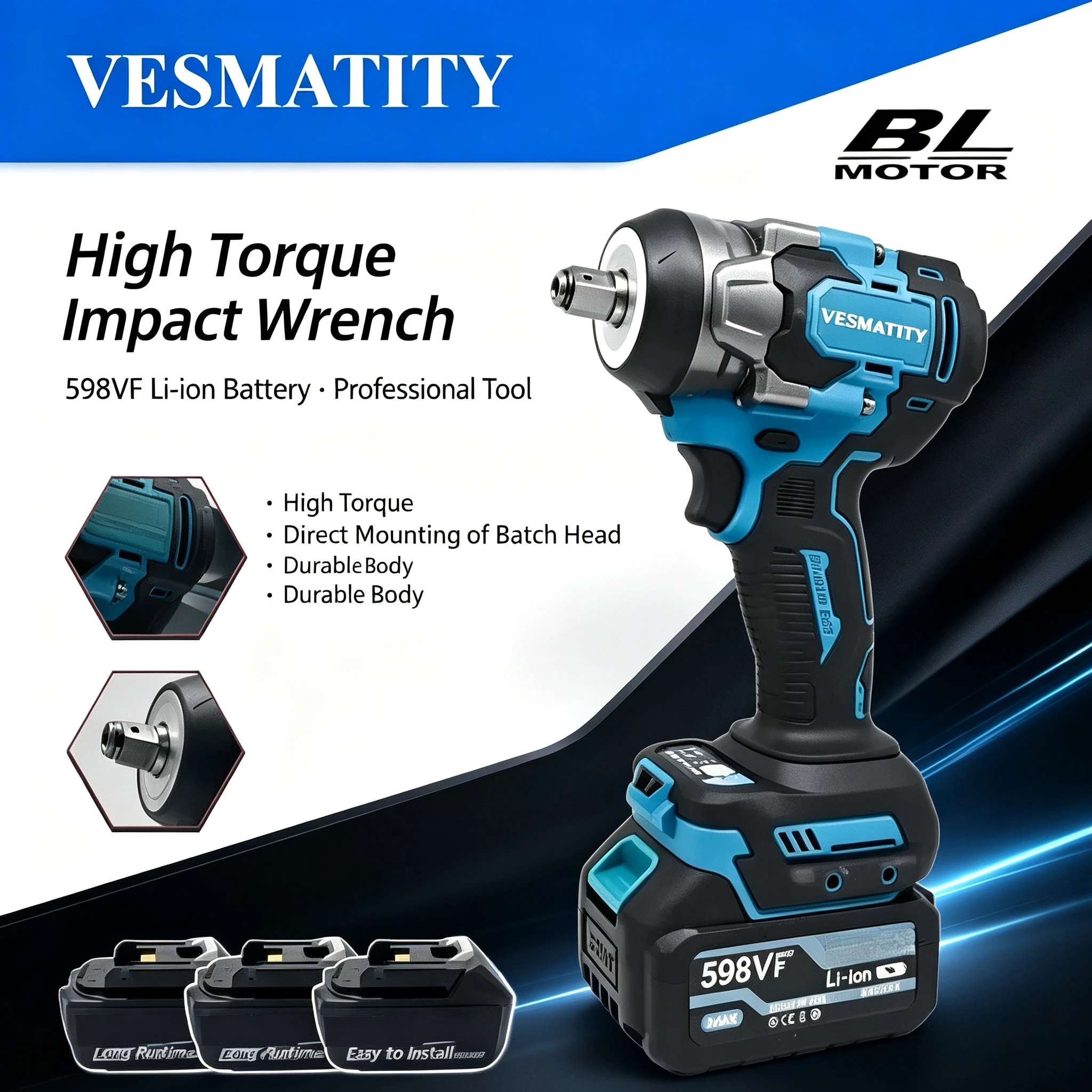 High Torque Impact Wrench, 550Nm 3500IPM High Concentricity, Cordless Safe for Electrical Equipment Repair for 18V-20V battery.