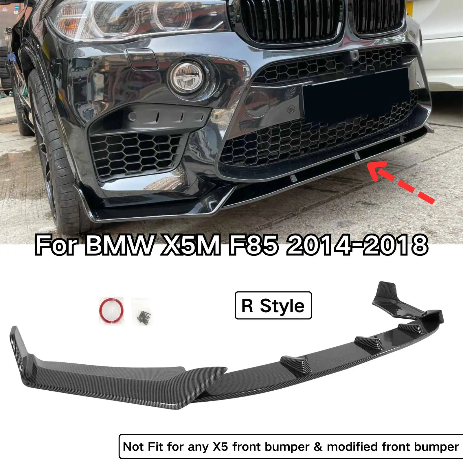 Front Bumper Lip For BMW F85 X5M 2014-2018 Car Accessories Body Kit Spoiler Splitter Glossy Black Carbon Fiber Print ABS Plastic