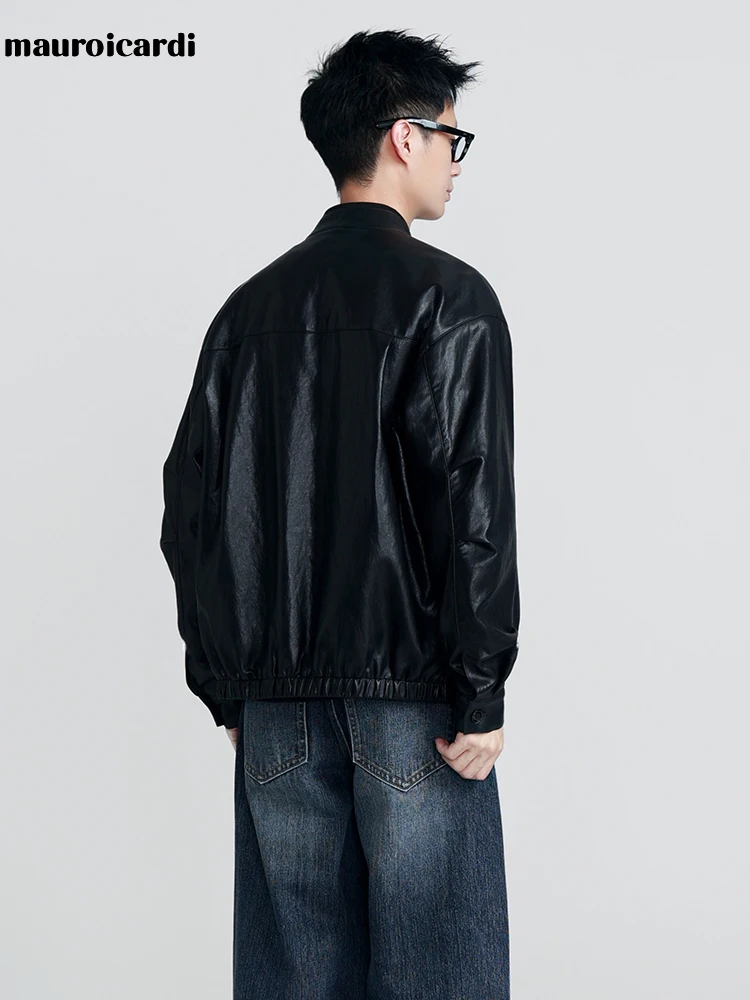Mauroicardi Spring Autumn Brown Short Black Pu Leather Jacket Men Buttons Zipper Loose Casual Korean Fashion Menswear Clothes 4 Mauroicardi Spring Autumn Brown Short Black Pu Leather Jacket Men Buttons Zipper Loose Casual Korean Fashion Menswear Clothes 4